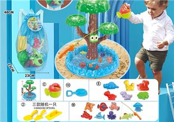 Children's water play beach toy backpack with thickened oversized sand shovel and medium-sized thickened shovel or sand building toy randomly selected, along with a watering can and 6 dinosaur animal molds and DIY water play fishing toys   ITEM NO.： W085121