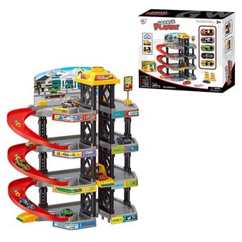 Parking lot equipped with 5 metal cars, sliding (34PCS)   ITEM NO.： W092560