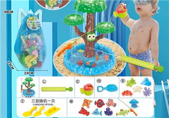 Children's water play beach toy backpack with small water cannon and thick oversized sand shovel. Medium sized thick toy shovel or sand building toy randomly available, along with a watering can and 5 medium sized underwater biological molds and DIY water play fishing toys   ITEM NO.： W085117