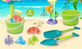 Green bucket with beach accessories+hourglass (9PCS)   ITEM NO.： W085543