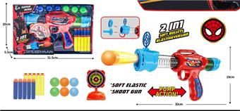 New version of Spider Man: Soft Bullet Gun+Aerodynamic Gun: EVA Ball+EVA Soft Bullet+Shooting Target 2-in-1 Function   ITEM NO.： W086674