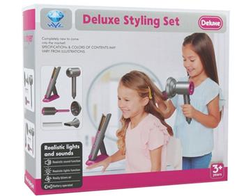 Dressing set, electric hair dryer, clamp (light and sound), hair dryer and clamp each 2AA, not included   ITEM NO.： W095259