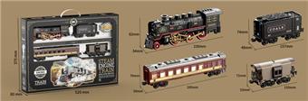 Retro steam train model (1 locomotive+1 passenger car light box+1 coal car+1 dining car+12 curved tracks+4 straight tracks+48 locking buckles+2 traffic lights)   ITEM NO.： W089547