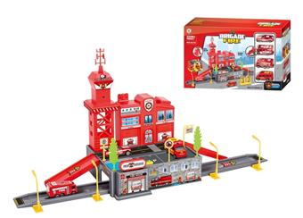 Parking lot series equipped with 4 plastic fire trucks, sliding   ITEM NO.： W092494