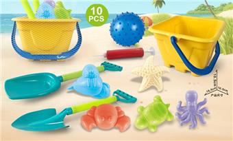 Yellow beach bucket with beach accessories and inflatable balloons   ITEM NO.： W085336