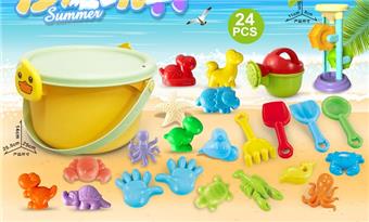 Yellow Duck Bucket with Beach Accessories+Hourglass (24PCS)   ITEM NO.： W085599