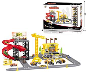 Urban parking lot equipped with 3 construction vehicles and 5 metal cars, sliding (77PCS)   ITEM NO.： W092571