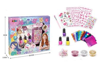 Cross border children's cosmetics, homemaker mermaid DIY spot color tattoo set+children's tear nail polish nail polish+hairpin   ITEM NO.： W093495