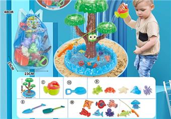 Children's water play beach toy backpack with thickened oversized sand shovel and extended enlarged sand shovel toys, 2 models of watering kettles and 5 models of medium-sized underwater biological molds and DIY water play fishing toys   ITEM NO.： W085129