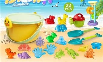 Yellow Duck Bucket with Beach Accessories+Hourglass (22PCS)   ITEM NO.： W085597