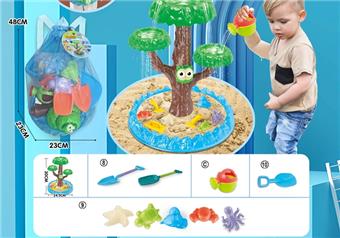 Children's water play beach toy backpack with thickened oversized sand shovel and extended enlarged sand shovel toys, 2 models of watering cans and 5 models of medium-sized underwater biological molds and DIY water play beach toys   ITEM NO.： W085221