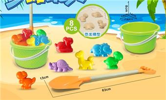 Green bucket with dinosaur accessories+large shovel (8PCS)   ITEM NO.： W085573