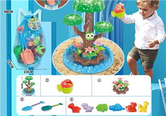 Children's beach toy backpack with extended and enlarged sand scoop, 2 models of watering cans, 6 dinosaur animal toy molds, and DIY water play toy flowers   ITEM NO.： W085113