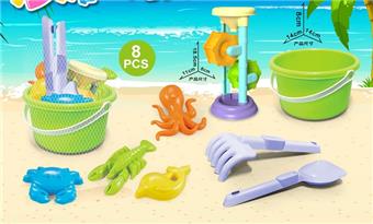 Green bucket with beach accessories+hourglass (8PCS)   ITEM NO.： W085547