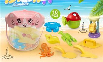 Cat bucket with beach accessories+small hourglass (10PCS)   ITEM NO.： W085570