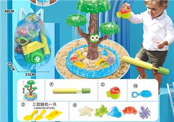 Children's water play beach toy backpack with enlarged water cannon and thickened oversized sand shovel, as well as a medium-sized thickened toy shovel or sand building toy randomly selected, along with a watering can and 5 medium-sized underwater biological molds and DIY water play beach toys   ITEM NO.： W085202