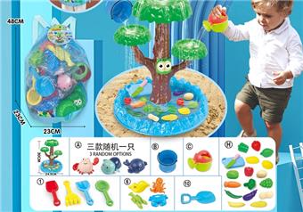 Children's water play beach toy backpack, thickened oversized sand shovel and small toy sand shovel, 4-pack with watering kettle, 4 large underwater creature molds, 1 bucket, and 3 ocean chain toys, randomly add one DIY water play fruit toy   ITEM NO.： W085145