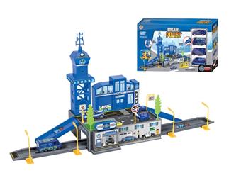 Parking Lot Series with 4 Plastic Police Cars, Sliding   ITEM NO.： W092497