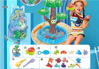 Children's water play beach toy backpack with thickened oversized sand shovel and thickened enlarged sand shovel, 2 water bottles, and 5 medium-sized underwater biological molds with DIY water play fishing toys   ITEM NO.： W085126