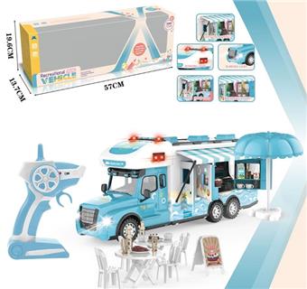 2.4G Sky Blue Long Head RV - Beach Camping Tour (with simulated sound - lights+forward/backward/left/right turn)   ITEM NO.： W095148