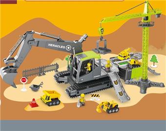 Puzzle multifunctional 2-in-1 track deformation storage inertial excavator crane tower parking lot with sound and light - green (equipped with 4 Q-version engineering alloy cars+11 roadblocks)   ITEM NO.： W089514