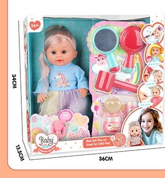 13 inch fixed eyed blonde drinking and urinating doll with 10 sound IC package (hair dryer+vanity mirror+comb+pacifier+big belly bottle+long bottle+heart-shaped peach storage box+snack box+diaper)   ITEM NO.： W102395