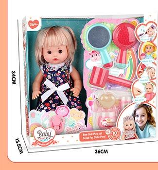 13 inch fixed eyed blonde drinking and urinating doll with 10 sound IC package (hair dryer+vanity mirror+comb+pacifier+big belly bottle+long bottle+heart-shaped peach storage box+snack box+diaper)   ITEM NO.： W102393