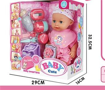 14 inch live eye water, urine, and vinyl doll with 10 sound IC power pack (sheep plate+knife+fork+spoon+pacifier+milk chain+dinosaur toilet+storage bottle 3 sets)   ITEM NO.： W102543