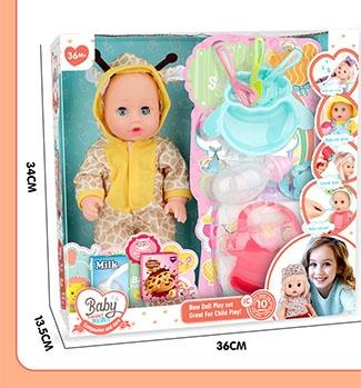 13 inch live eye water and urine baby giraffe+pink rabbit with 10 sound IC power pack (sheep plate+knife+fork+spoon+pacifier+bottle+bib+milk carton+snack box+diaper)   ITEM NO.： W102391